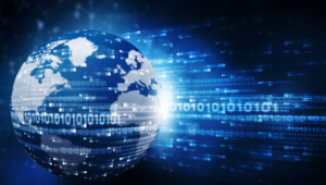 “An illustration showing advanced future technology with AI, smart cities, and digital connectivity.”