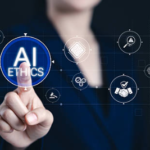 Conceptual image showing journalists working with AI tools while maintaining ethical standards