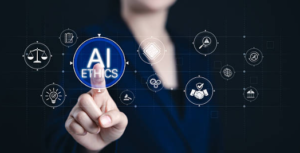 Conceptual image showing journalists working with AI tools while maintaining ethical standards