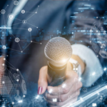 Conceptual illustration of journalists navigating algorithm controlled digital platforms while maintaining ethical responsibility