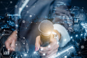 Conceptual illustration of journalists navigating algorithm controlled digital platforms while maintaining ethical responsibility