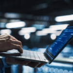 Professional working in a futuristic digital environment with AI and cloud systems